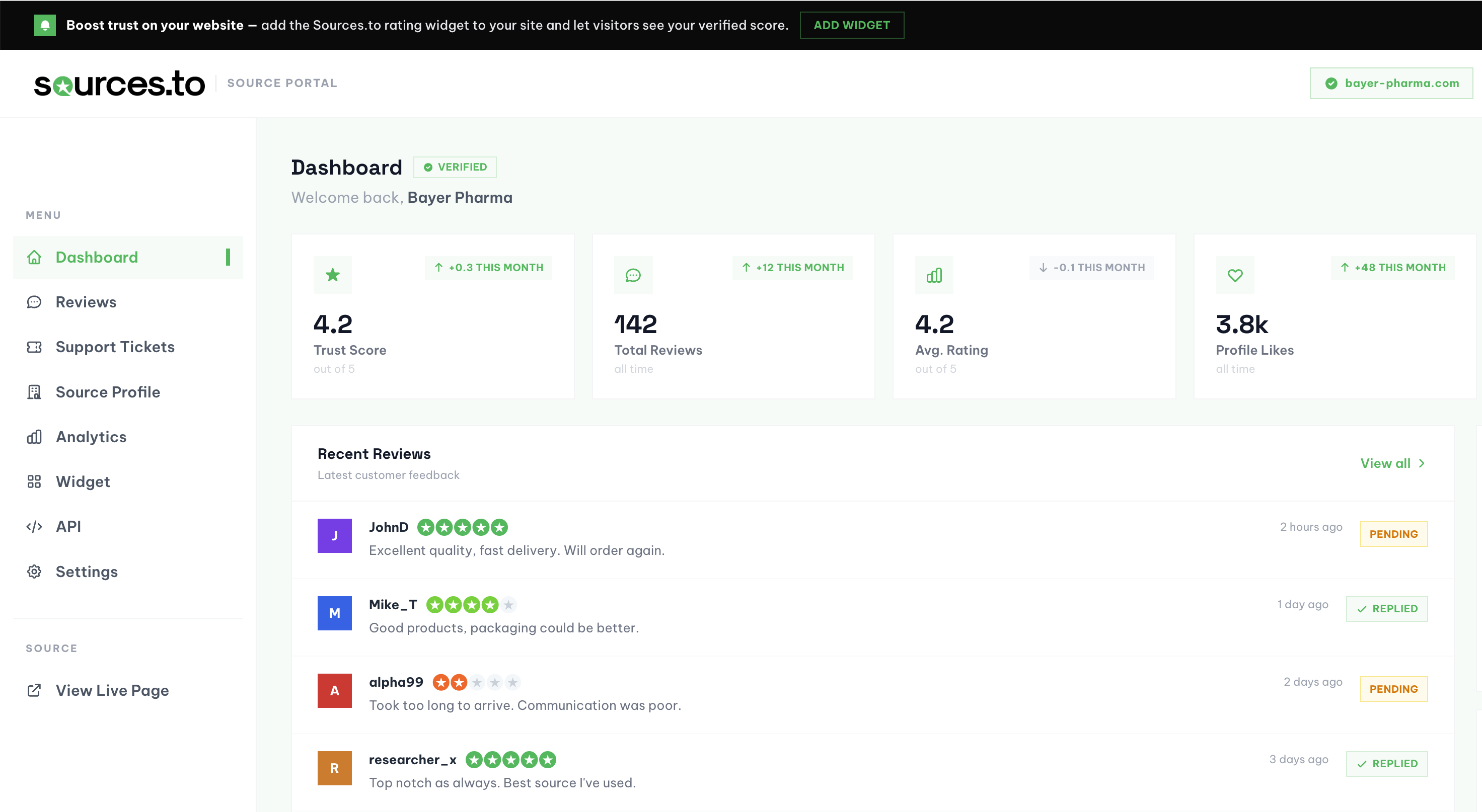 Source dashboard screenshot